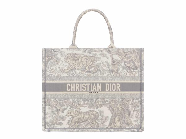 Dior Book Tote Rep Bag Large Tiger Embroidery Grey